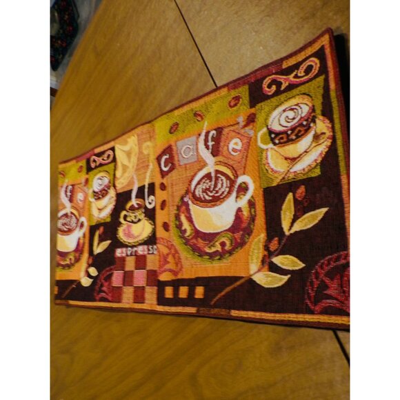 Vtg Coffee-Themed Tapestry Table Runner 13x54" Espresso Cafe Brown/Yellow/Red - Picture 3 of 8